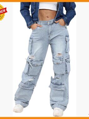 High Waist Baggy Cargo Jeans, Loose Fit Denim Pants with Flap Pockets